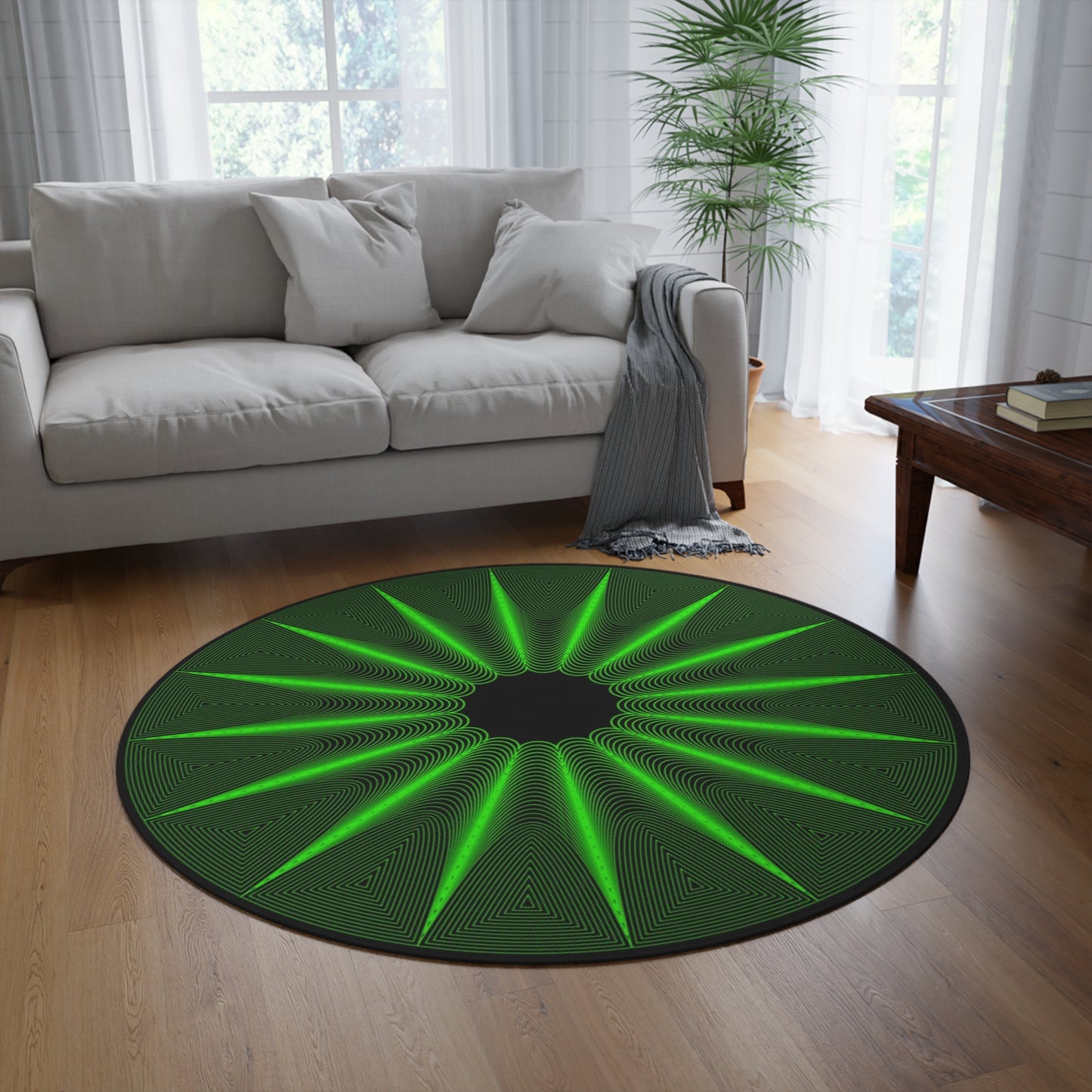 Green Starburst Round Rug — Modern Geometric Floor Mat