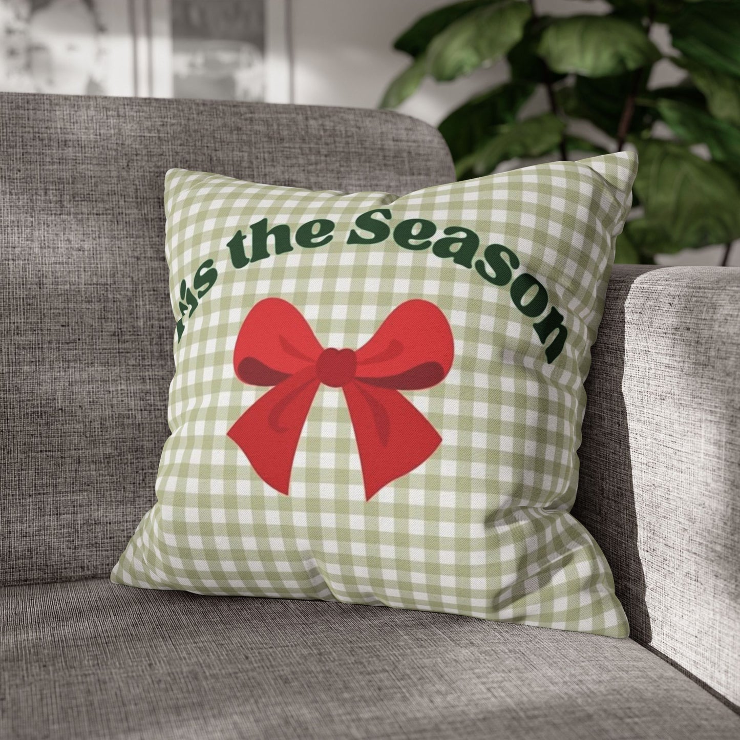Christmas Throw Pillowcase — "’Tis the Season" Green Gingham with Red Bow