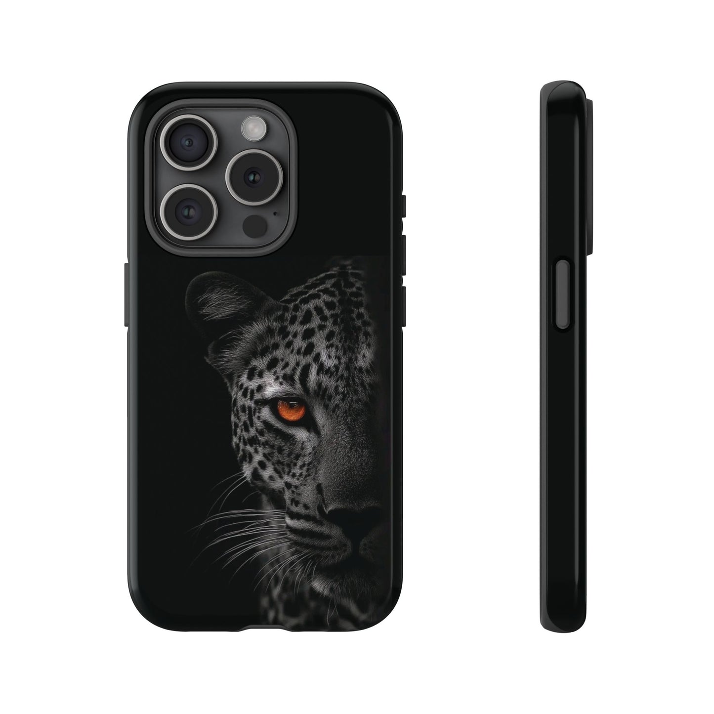 Leopard Gaze Phone Case — Black Protective iPhone Cover with Orange Eye