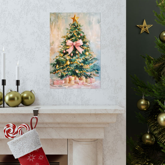 Christmas Tree Poster - Pastel Holiday Art Print with Pink Bow & Presents