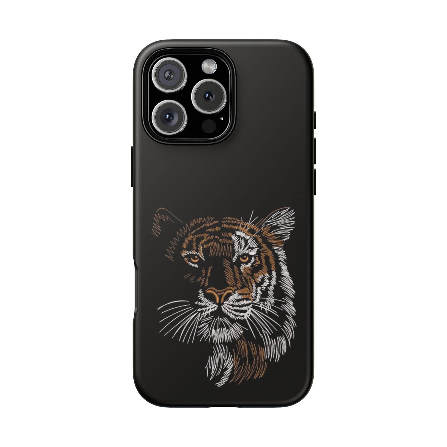 Tiger Face Phone Case — Protective Black Tough Case with Embroidered-Style Tiger Design