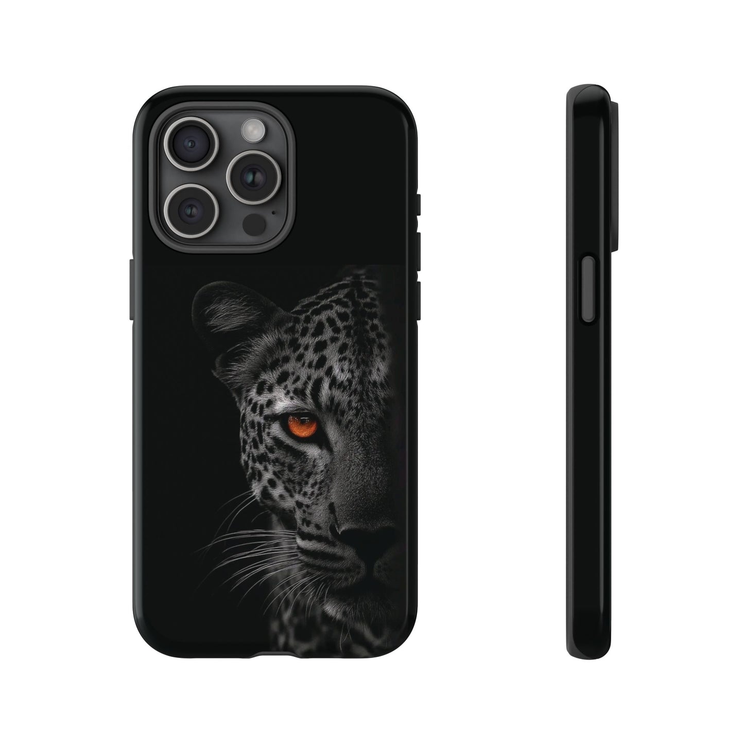 Leopard Gaze Phone Case — Black Protective iPhone Cover with Orange Eye