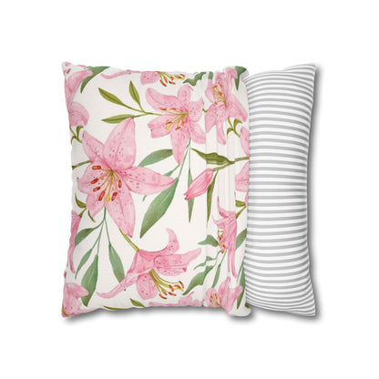 Floral Lily Pillowcase — Pink Watercolor Botanical Square Pillow Cover