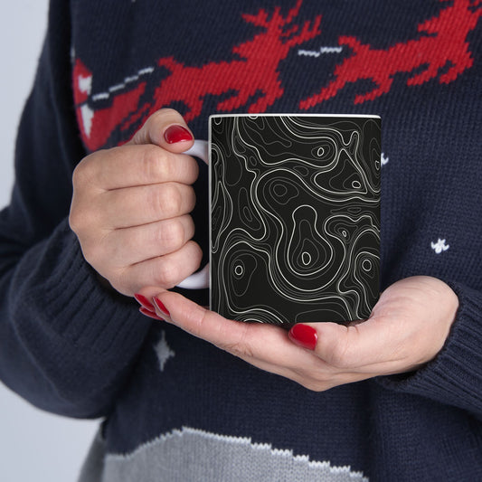 Topographic Contour Black Ceramic Mug — 11oz & 15oz Modern Geometric Coffee Cup