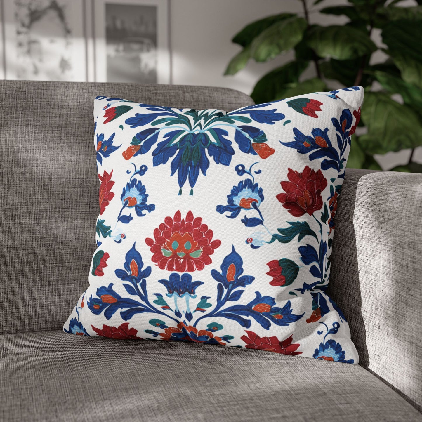 Boho Floral Decorative Pillowcase — Red & Blue Suzani Pattern