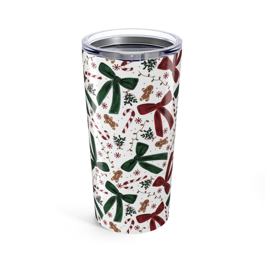 20oz Holiday Bow Tumbler — Candy Cane & Gingerbread Christmas Travel Cup