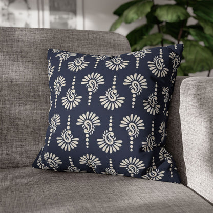 Navy Floral Motif Square Pillowcase — Decorative Spun Polyester Cushion Cover