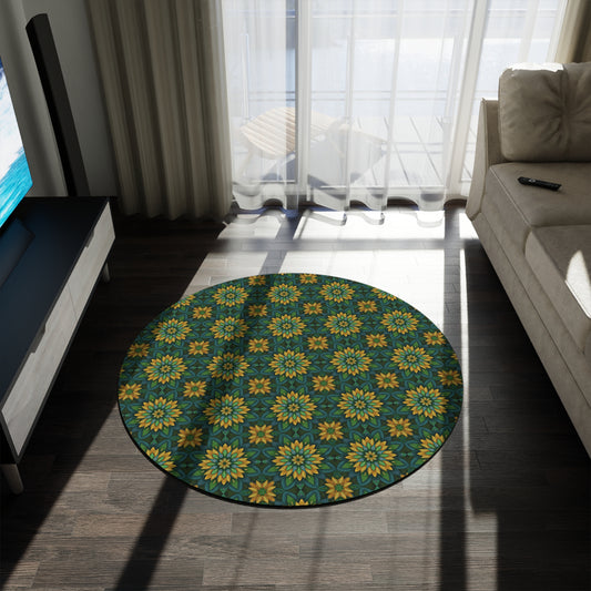 Bohemian Green Floral Round Rug – Geometric Sunburst Pattern