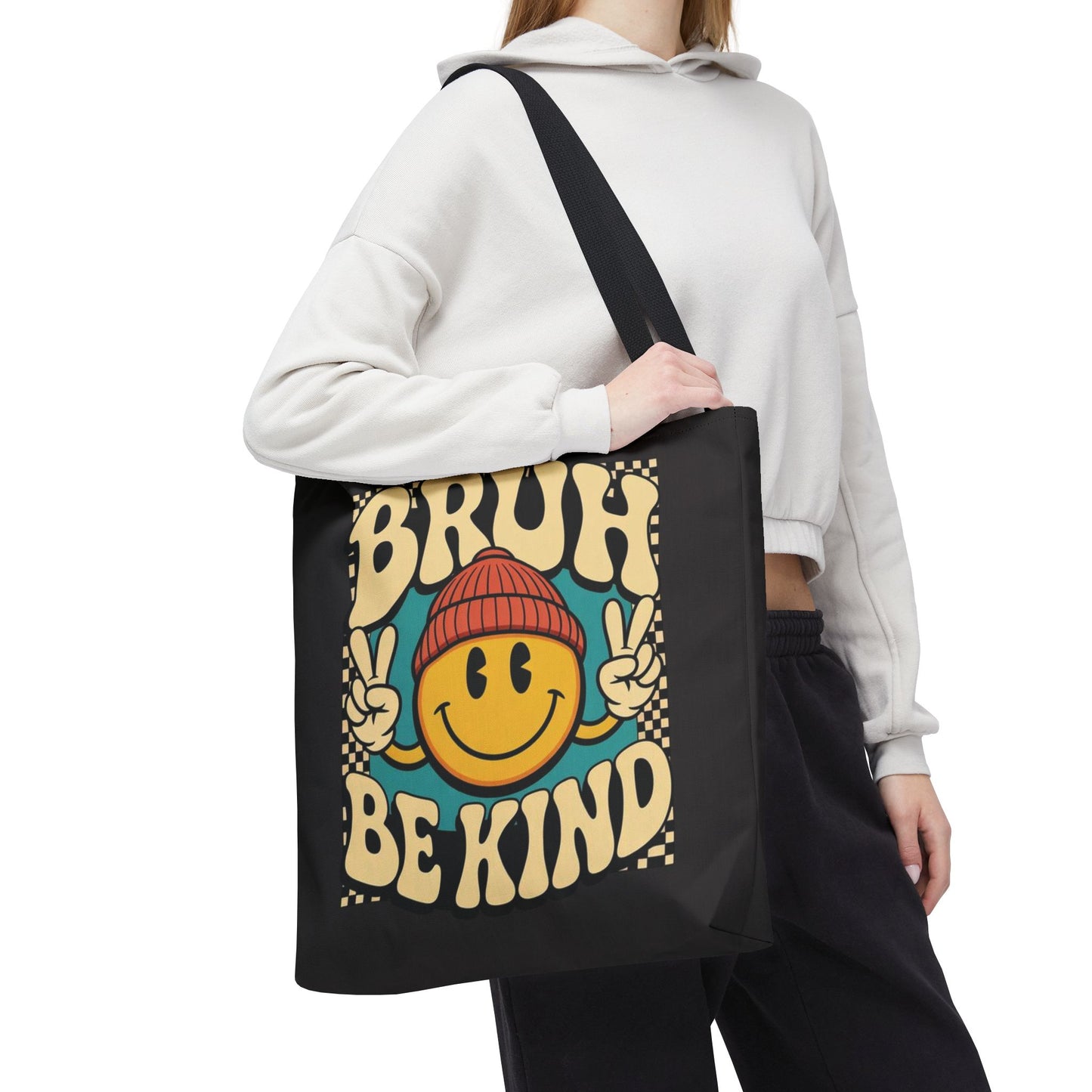 Bruh Be Kind Smiley Tote Bag — Retro Peace Sign Canvas Shopper