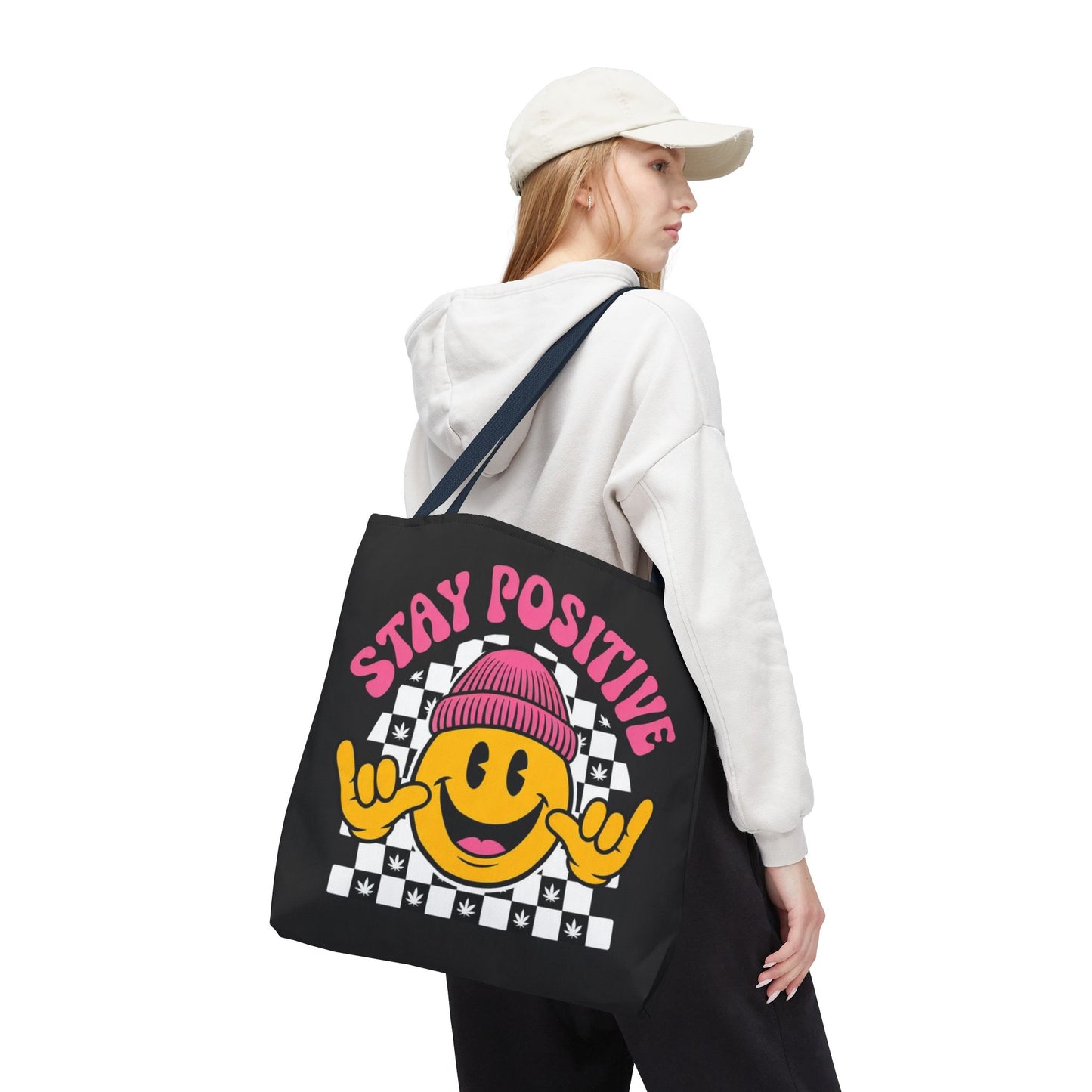 Stay Positive Smiley Tote Bag — Retro Checkerboard Inspirational Canvas Tote