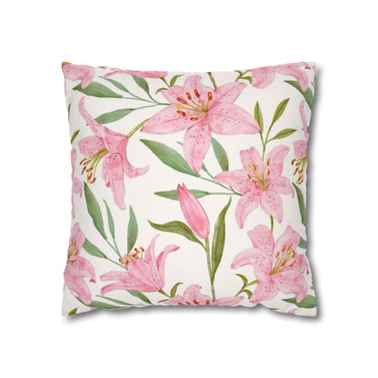Floral Lily Pillowcase — Pink Watercolor Botanical Square Pillow Cover