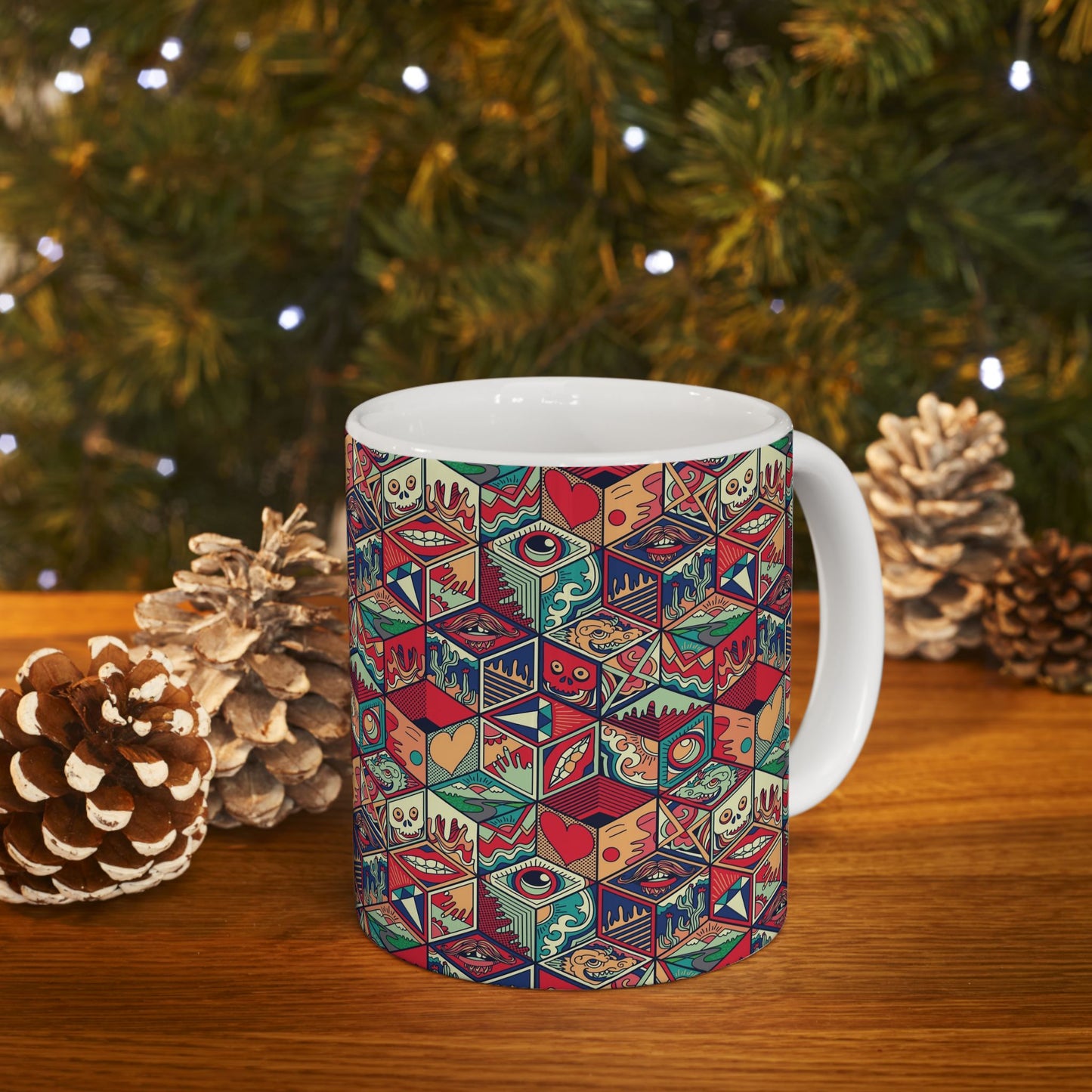 Geometric Pop Art Ceramic Mug — Colorful Cubes with Eyes & Hearts (11oz/15oz)