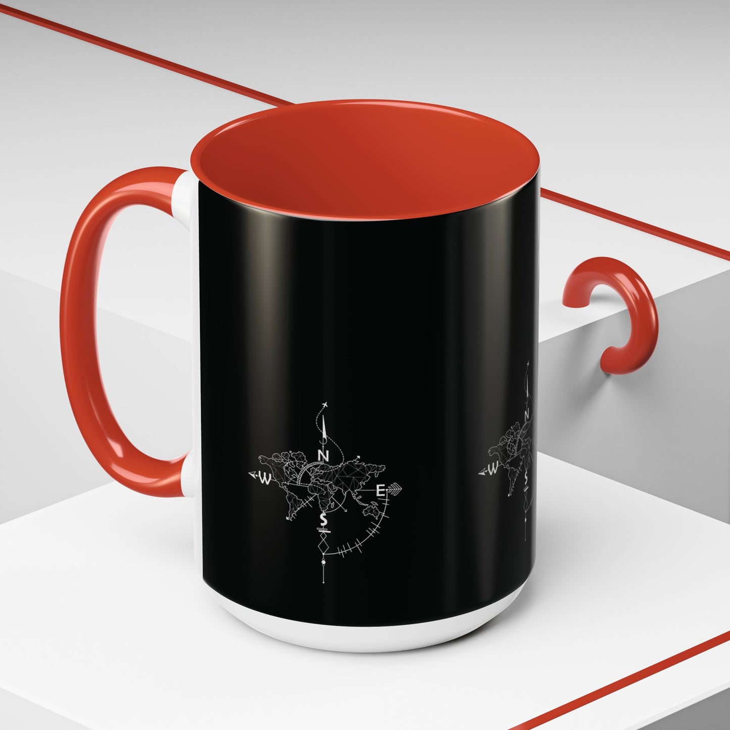 Compass World Map Coffee Mug — Black Accent Travel Mug for Explorers