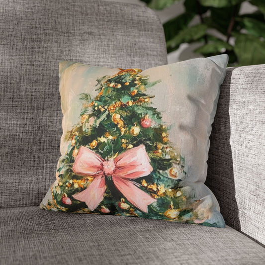 Christmas Tree Pillowcase with Pink Bow – Holiday Decorative Throw Pillow Cover