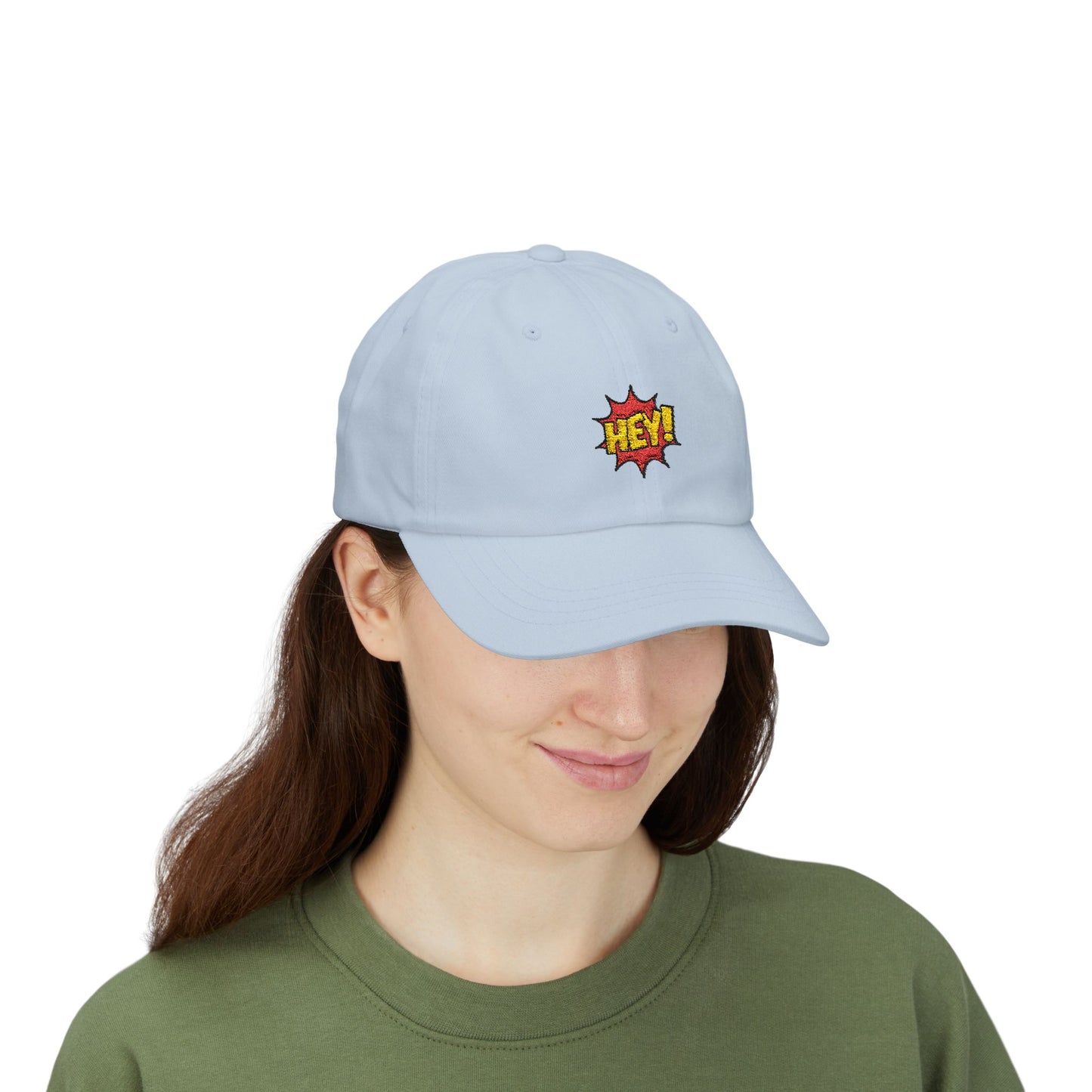 Hey! Comic Pop Dad Cap — White Embroidered Baseball Hat