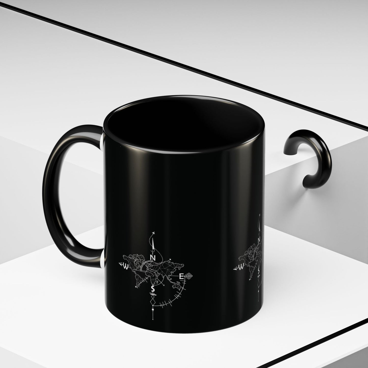 Compass World Map Coffee Mug — Black Accent Travel Mug for Explorers