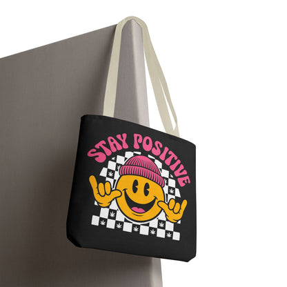 Stay Positive Smiley Tote Bag — Retro Checkerboard Inspirational Canvas Tote
