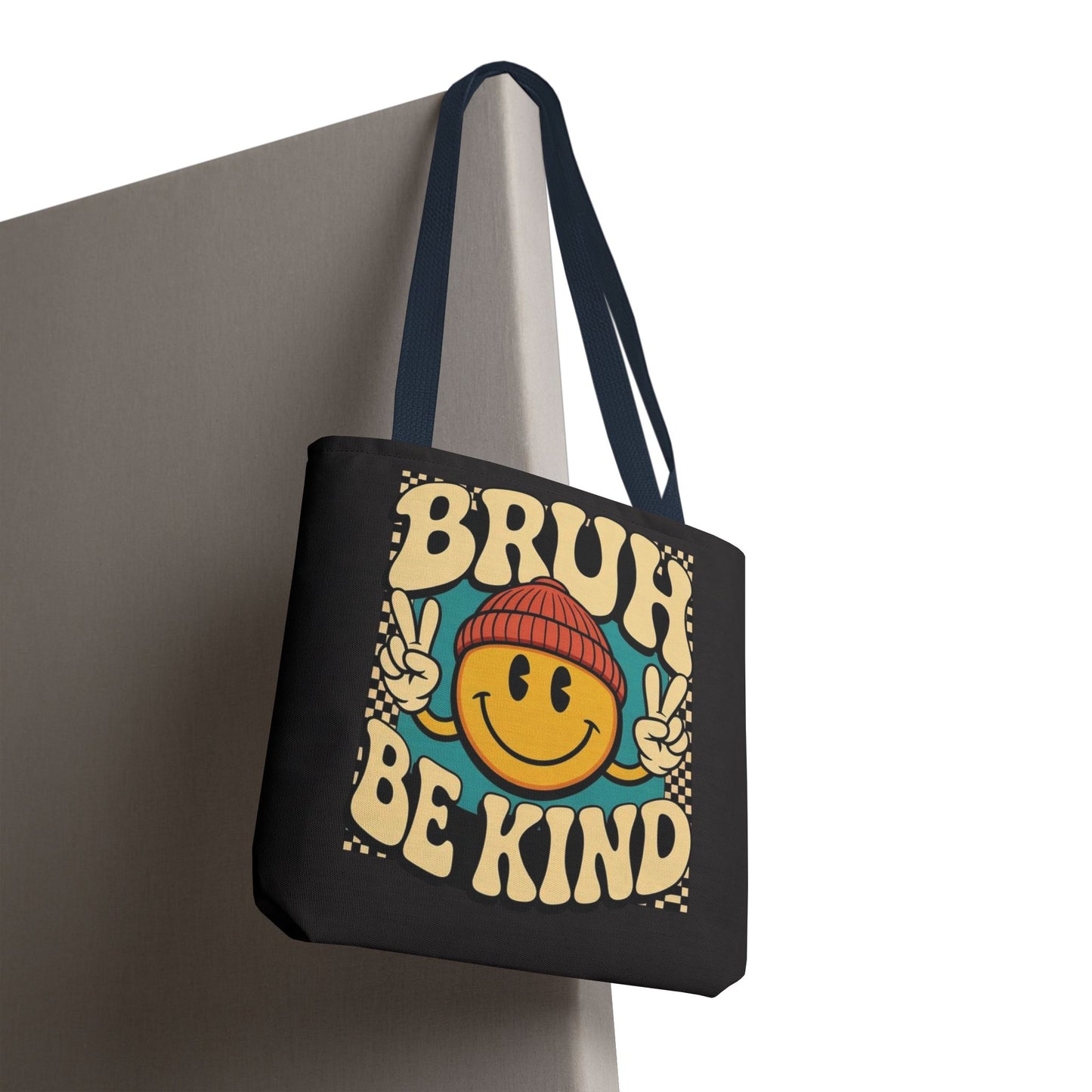 Bruh Be Kind Smiley Tote Bag — Retro Peace Sign Canvas Shopper