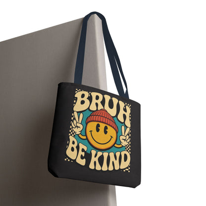 Bruh Be Kind Smiley Tote Bag — Retro Peace Sign Canvas Shopper