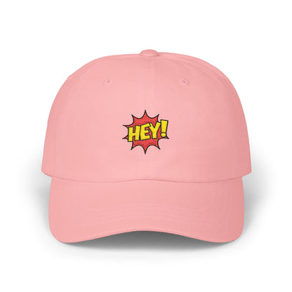 Hey! Comic Pop Dad Cap — White Embroidered Baseball Hat