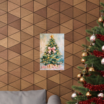 Christmas Tree Poster - Pastel Holiday Art Print with Pink Bow & Presents