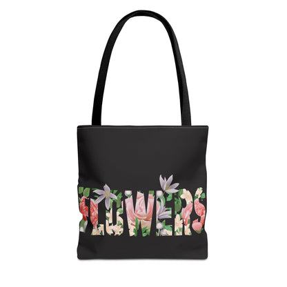 Floral 'FLOWERS' Black All-Over Print Tote Bag