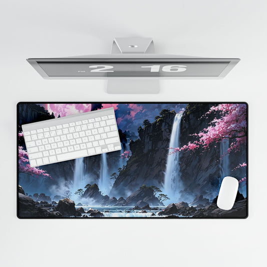 Cherry Blossom Waterfall Desk Mat — Scenic Anime Landscape Gaming/Work Desk Pad