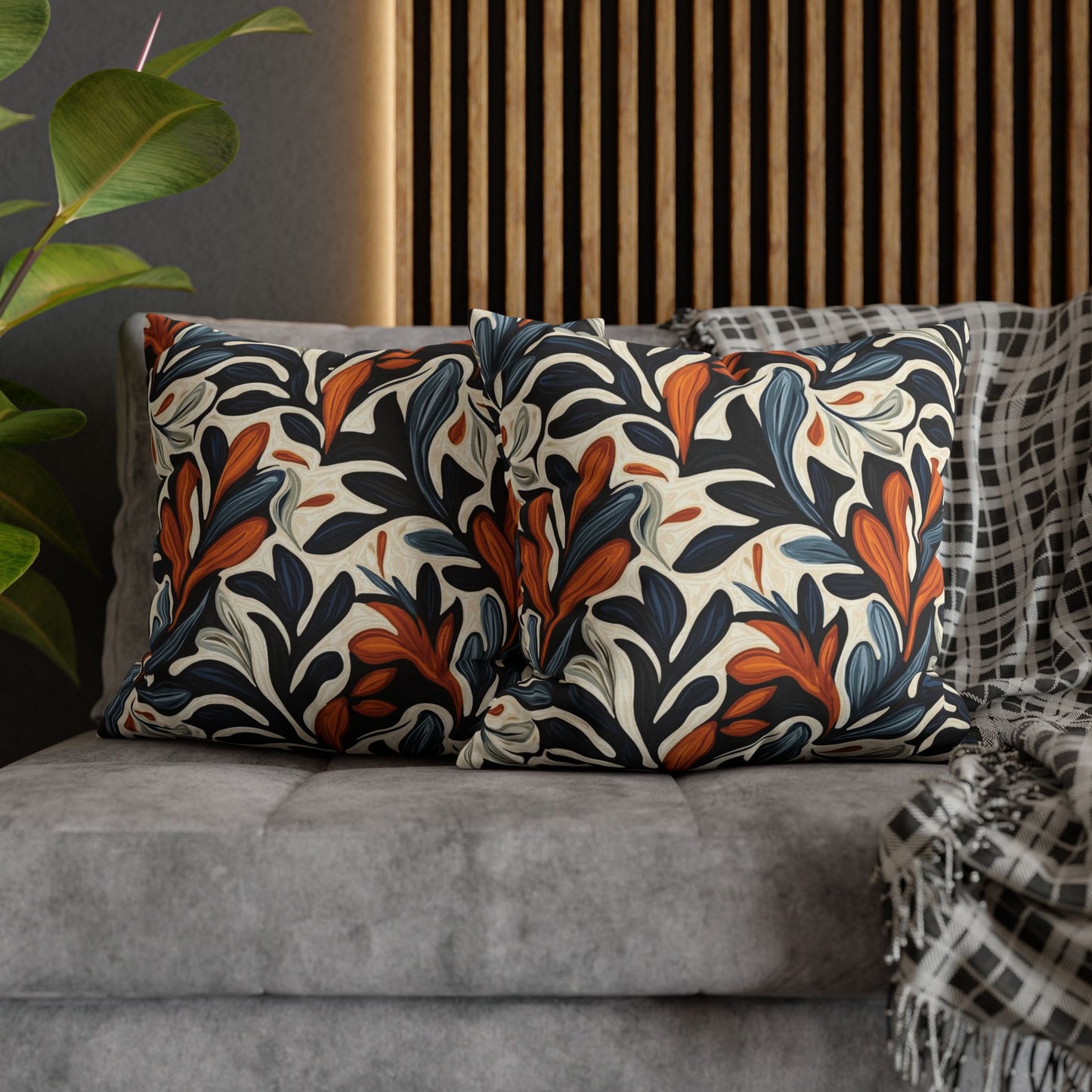 Abstract Floral Throw Pillowcase — Navy, Rust & Cream Decorative Pillow Cover
