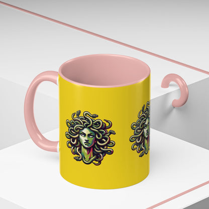 Medusa Accent Coffee Mug — Mythical Snake-Head Design, Yellow & Black Accent (11/15oz)