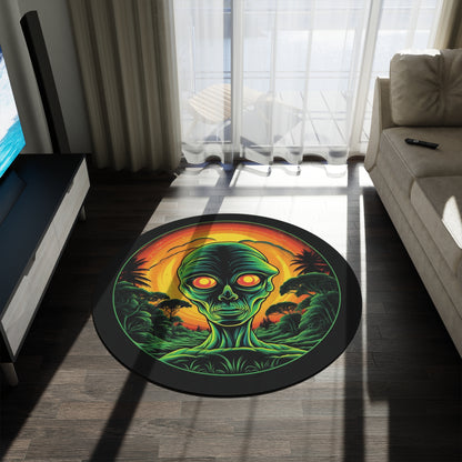 Alien Sunset Round Rug — Neon Sci‑Fi Skull Area Rug for Bedroom, Dorm, or Game Room