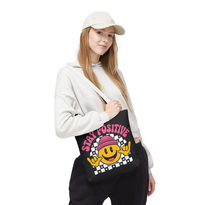 Stay Positive Smiley Tote Bag — Retro Checkerboard Inspirational Canvas Tote