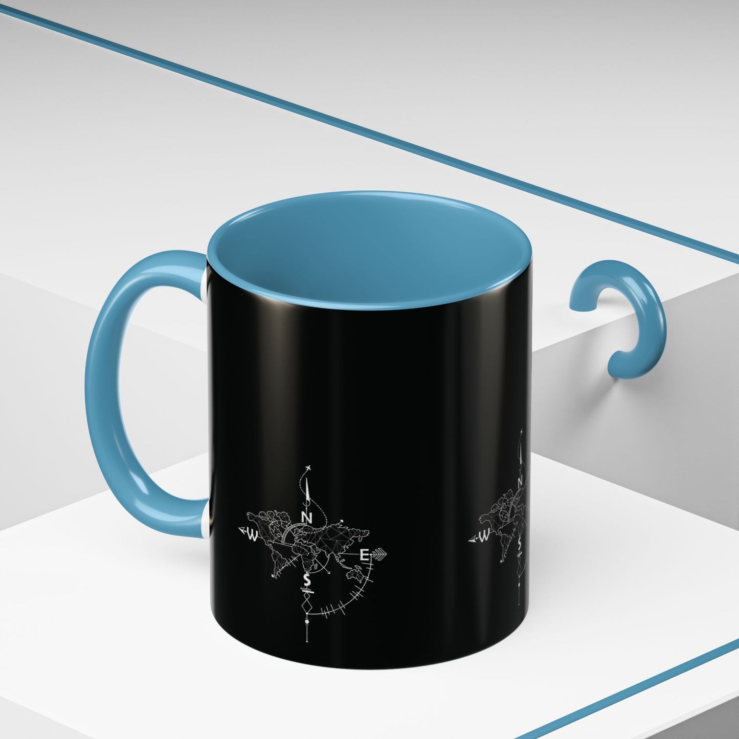 Compass World Map Coffee Mug — Black Accent Travel Mug for Explorers