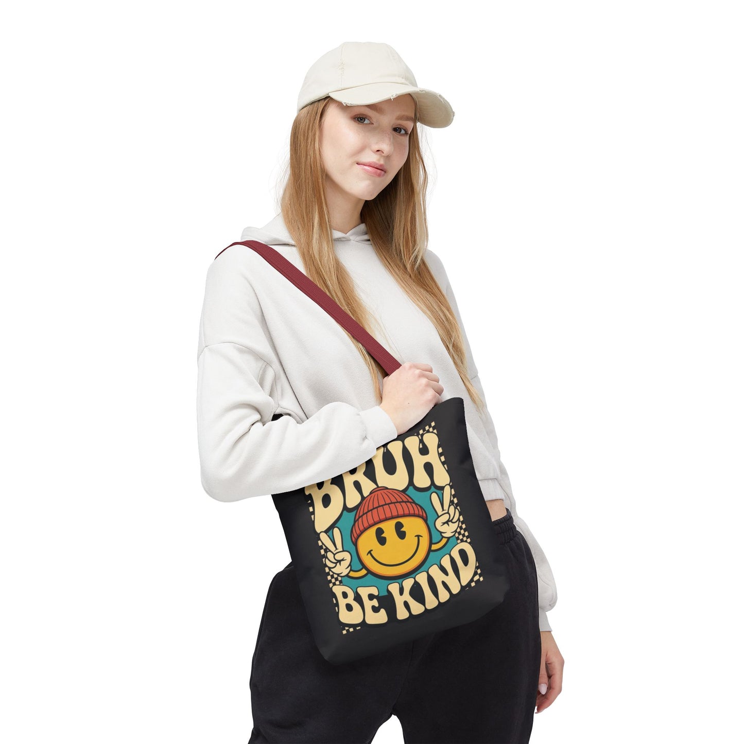 Bruh Be Kind Smiley Tote Bag — Retro Peace Sign Canvas Shopper