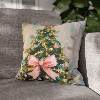 Christmas Tree Pillowcase with Pink Bow – Holiday Decorative Throw Pillow Cover