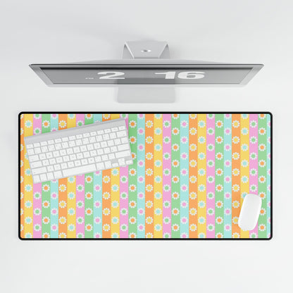 Floral Pastel Stripes Desk Mat — Cute Daisy Pattern Mouse Pad for Home Office