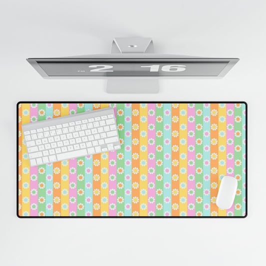 Floral Pastel Stripes Desk Mat — Cute Daisy Pattern Mouse Pad for Home Office
