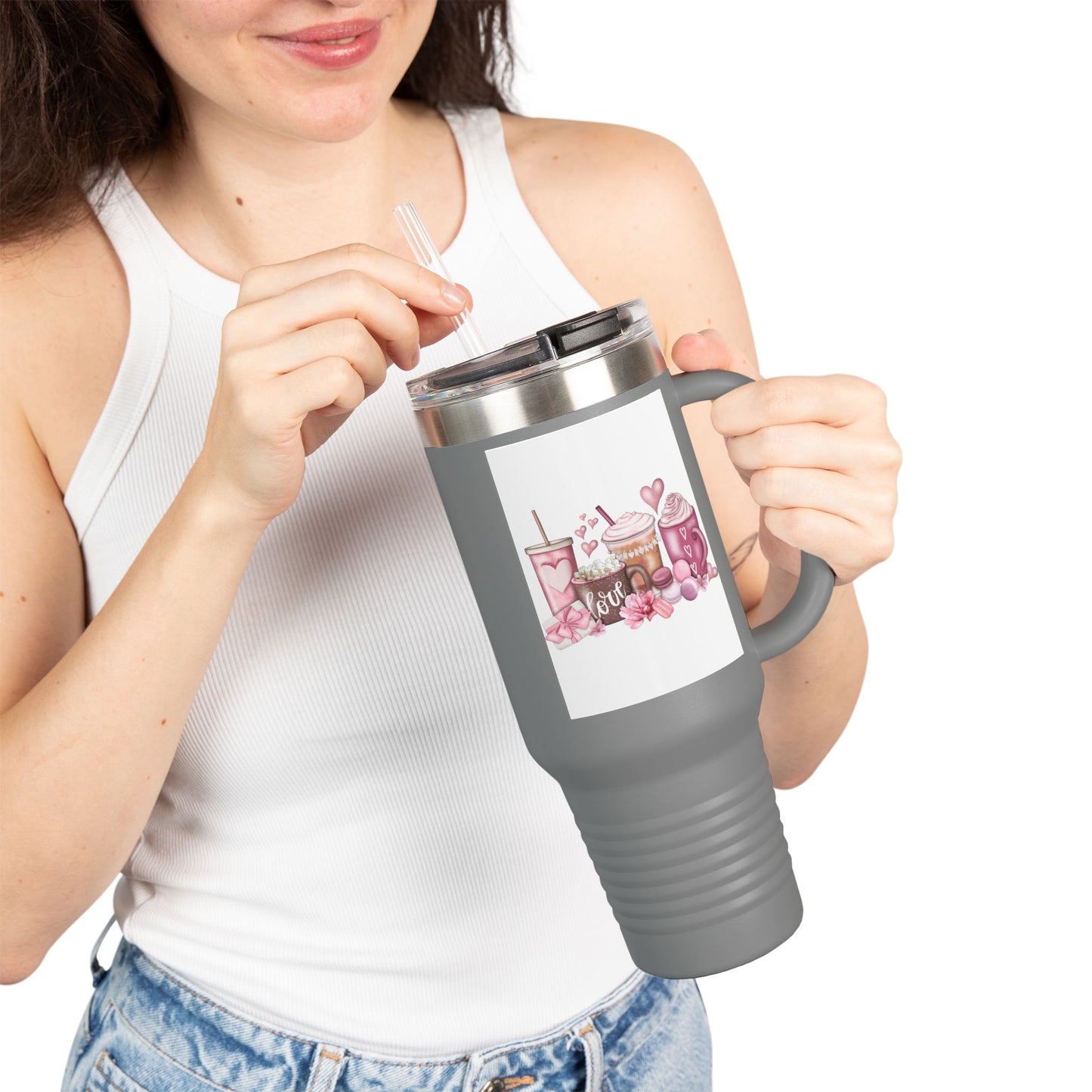 40oz Insulated Travel Mug — Pink Coffee & Sweets Design