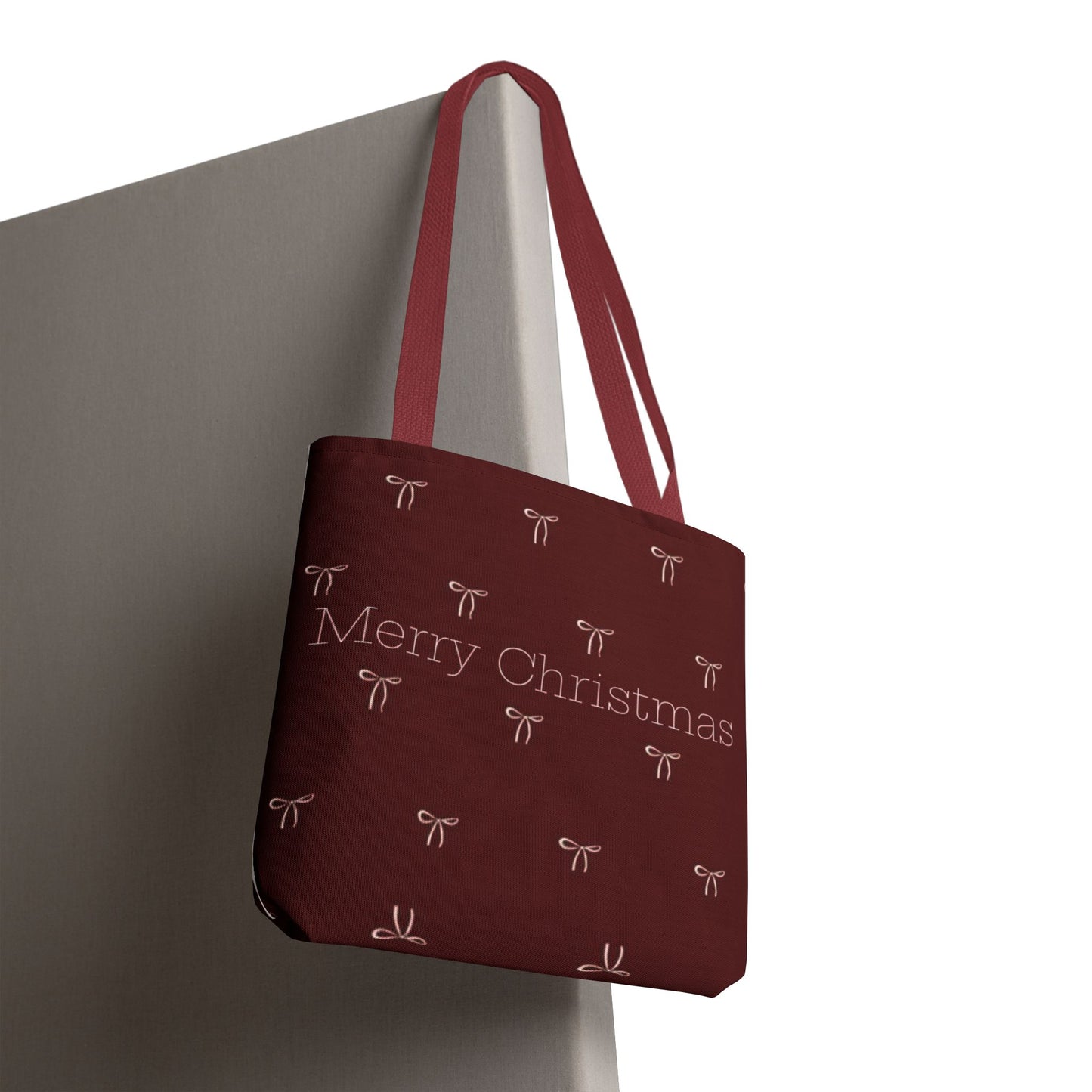 Christmas Tote Bag — Burgundy 'Merry Christmas' Bow Pattern Holiday Gift Tote