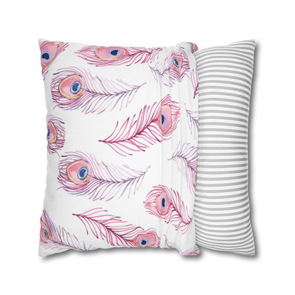 Pink Watercolor Peacock Feather Pillowcase — Decorative Square Throw Pillow Cover