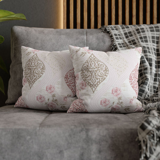 Floral Damask Decorative Pillowcase – Pink & Taupe Square Cushion Cover