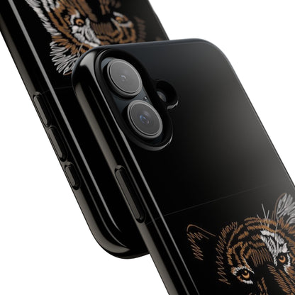 Tiger Face Phone Case — Protective Black Tough Case with Embroidered-Style Tiger Design