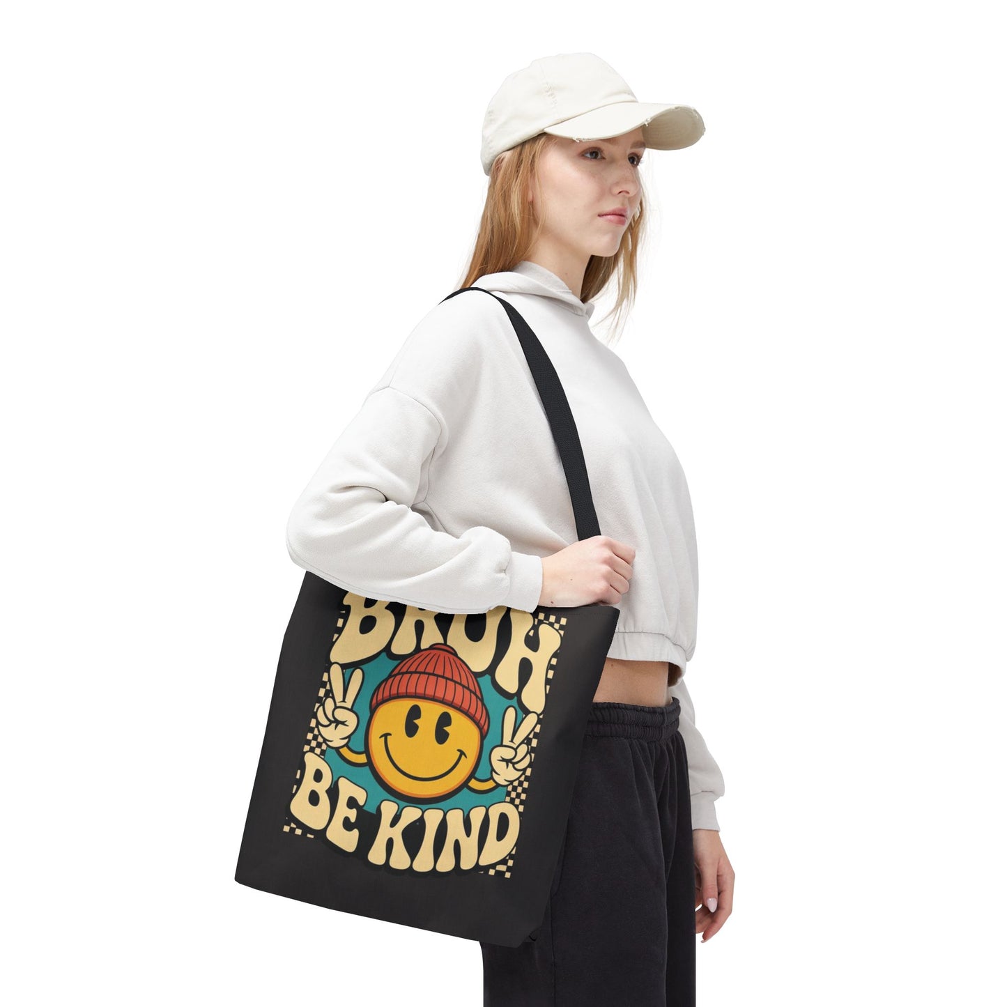 Bruh Be Kind Smiley Tote Bag — Retro Peace Sign Canvas Shopper