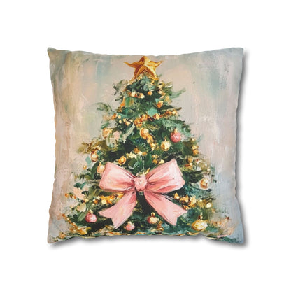 Christmas Tree Pillowcase with Pink Bow – Holiday Decorative Throw Pillow Cover