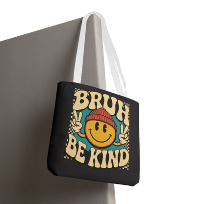 Bruh Be Kind Smiley Tote Bag — Retro Peace Sign Canvas Shopper