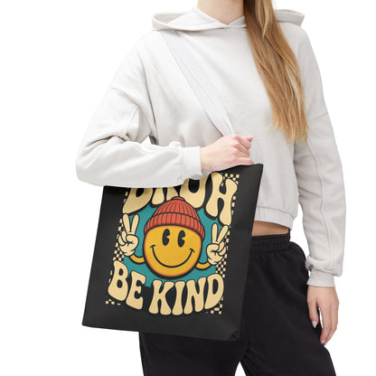 Bruh Be Kind Smiley Tote Bag — Retro Peace Sign Canvas Shopper