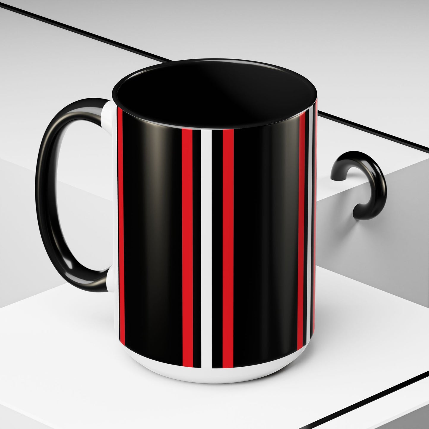 Black Accent Coffee Mug with Red & White Racing Stripes — 11/15oz
