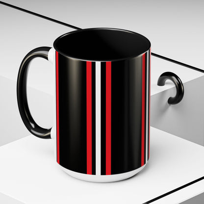 Black Accent Coffee Mug with Red & White Racing Stripes — 11/15oz