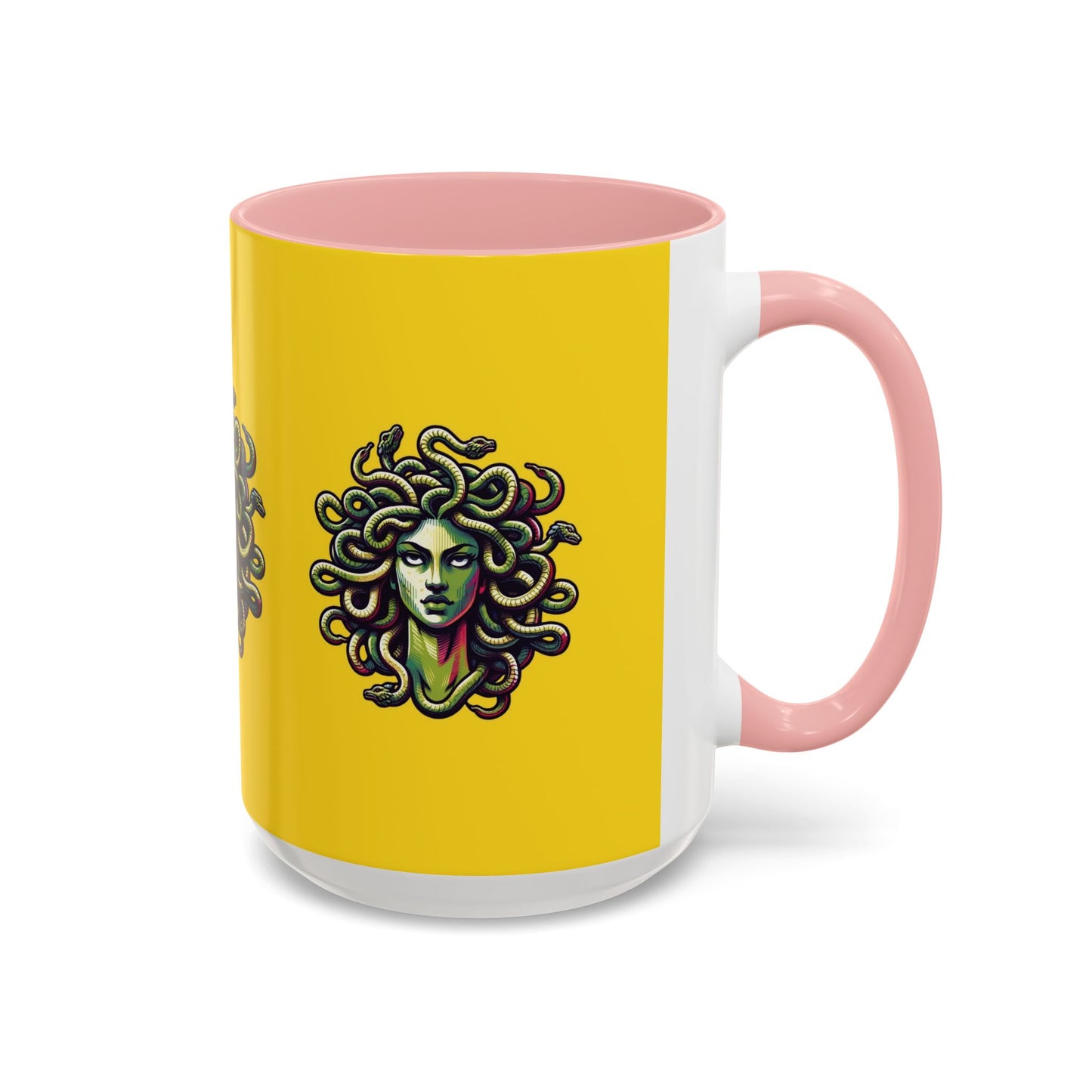 Medusa Accent Coffee Mug — Mythical Snake-Head Design, Yellow & Black Accent (11/15oz)