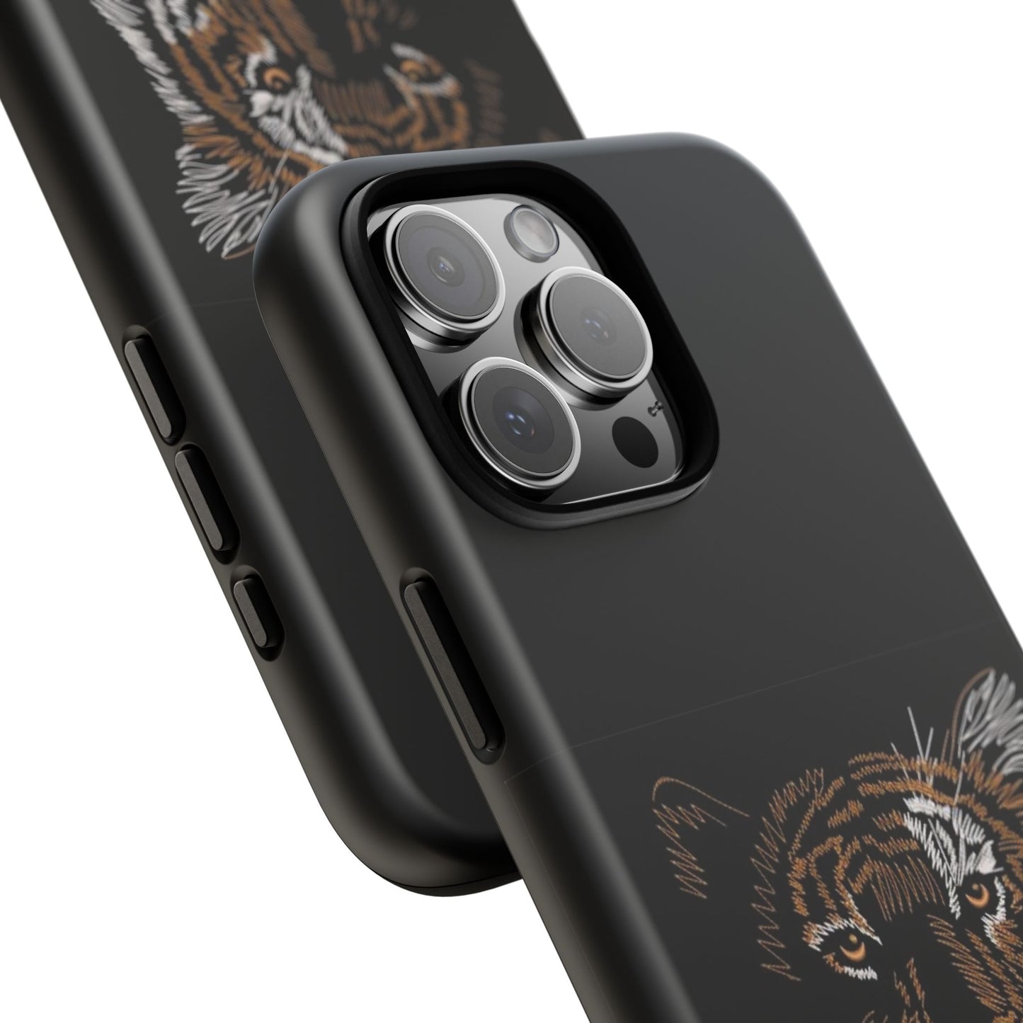 Tiger Face Phone Case — Protective Black Tough Case with Embroidered-Style Tiger Design