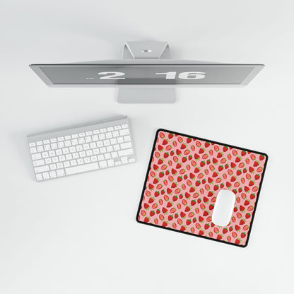 Strawberry Pattern Desk Mat — Pink Fruit Mousepad & Keyboard Pad